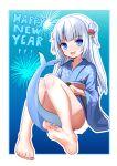  1girl absurdres bangs bare_legs barefoot blue_background blue_hair blue_kimono blunt_bangs blush border english_commentary fang feet fireworks fish_tail floral_print full_body gawr_gura gradient gradient_background grey_hair hair_ornament highres hololive hololive_english japanese_clothes kimono knees_together_feet_apart knees_up legs long_hair looking_at_viewer malnourishd1 multicolored_hair nail_polish obi open_mouth outline sash shadow shark_print shark_tail shiny shiny_skin sidelocks sitting skin_fang soles solo streaked_hair tail tail_censor thighs toenail_polish toenails toes two_side_up virtual_youtuber white_border white_outline wide_sleeves yukata 