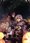  2girls absurdres aerial_fireworks akaruc ariane_yeong cityscape cup elster_(signalis) fireworks fur_collar happy_new_year highres holding holding_cup long_jacket multiple_girls night night_sky signalis sky smile teacup teapot 