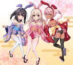  3girls :p absurdres animal_ears ass ass_visible_through_thighs back black_hair black_leotard black_thighhighs blonde_hair blue_leotard blush breasts chinese_zodiac chloe_von_einzbern dark-skinned_female dark_skin fake_animal_ears fate/kaleid_liner_prisma_illya fate_(series) floral_print hair_ornament hairclip highleg highleg_leotard highres holding_hands illyasviel_von_einzbern interlocked_fingers japanese_clothes kimono leotard long_hair looking_at_viewer looking_back looking_to_the_side miyu_edelfelt morokoshi_(tekku) multiple_girls obi orange_eyes pink_hair pink_thighhighs playboy_bunny rabbit_ears red_eyes red_leotard sandals sash small_breasts smile strapless thighhighs thighs tongue tongue_out white_thighhighs wide_sleeves year_of_the_rabbit 