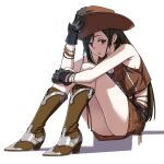  1girl bangs bare_shoulders black_gloves boots bracelet brown_footwear brown_hair brown_headwear brown_skirt brown_vest cowboy_boots cowboy_hat crisis_core_final_fantasy_vii crop_top decoponmagi earrings final_fantasy final_fantasy_vii final_fantasy_vii_remake full_body gloves hair_between_eyes hat highres holding holding_clothes holding_hat hugging_own_legs jewelry leather_skirt leather_vest long_hair looking_at_viewer midriff miniskirt official_alternate_costume parted_lips red_eyes shirt sitting skirt sleeveless sleeveless_shirt solo swept_bangs thighs tifa_lockhart undershirt vest white_background white_shirt 