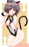  1girl 9-nine- absurdres animal_ears bangs bare_shoulders bell black_bra black_choker black_hair black_leotard black_panties black_wrist_cuffs blush bra cat_ears cat_tail chess_piece choker collarbone eyebrows_hidden_by_hair eyelashes fang feet_out_of_frame flybig0311 frilled_bra frills fur_cuffs groin hair_between_eyes hair_intakes highres kneeling leotard looking_at_viewer meme_attire meowing midriff navel neck_bell open_mouth panties paw_pose red_eyes short_hair_with_long_locks simple_background solo spiked_hair tail thighs underwear yellow_background yuuki_noa 