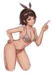  1girl arc2urus bangs bikini breasts brown_eyes brown_hair cleavage closed_mouth dark-skinned_female dark_skin grey_bikini headband josie_rizal looking_at_viewer navel short_hair simple_background sketch smile solo swimsuit tekken tekken_7 white_background 