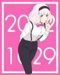  1girl aldnoah.zero alternate_costume arm_behind_back black_hairband blue_eyes bow bowtie hairband kashiwagi_akira lemrina_vers_envers pants pink_bow pink_bowtie pink_hair playing_with_own_hair short_hair smile solo suspenders 