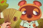  1boy 1other animal_crossing blue_eyes closed_mouth collared_shirt commentary_request furry furry_male hawaiian_shirt holding holding_money implied_prostitution looking_to_the_side male_focus money neiroval pov pov_hands raccoon_boy russian_commentary shirt solo_focus tom_nook_(animal_crossing) tree upper_body white_shirt 