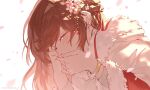  1girl bangs bracelet brown_hair closed_eyes closed_mouth covering_mouth crying earrings flower hair_flower hair_ornament highres japanese_clothes jewelry kimono koeda_(k83_4) long_hair long_sleeves petals pink_flower red_kimono rosa_(tears_of_themis) simple_background solo tears_of_themis upper_body white_background 