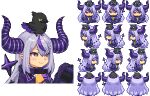  1girl alpha_transparency animal_on_head bird bird_on_head blush_stickers collar crow_(la+_darknesss) demon_girl demon_horns demon_tail grey_hair hair_between_eyes holding hololive horns la+_darknesss multicolored_hair on_head pixel_art pointy_ears purple_hair sleeves_past_fingers sleeves_past_wrists smile sprite_art sprite_sheet streaked_hair striped_horns tail tengu_nouzu two-tone_hair virtual_youtuber 