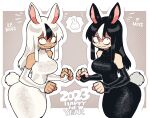  2girls absurdres alternate_color animal_ears bags_under_eyes bare_shoulders black_dress black_hair breasts chinese_zodiac commentary covered_collarbone cowboy_shot dress elbow_gloves english_text fingerless_gloves gloves halftone halftone_background highres inverted_colors large_breasts long_dress long_fingers long_hair looking_at_viewer looking_up multicolored_hair multiple_girls new_year noss_(rariatto) original rabbit rabbit_ears rabbit_tail rariatto_(ganguri) ribbed_dress sanpaku sidelocks sleeveless sleeveless_dress streaked_hair tail vampire wavy_mouth white_dress white_hair white_rabbit_(animal) year_of_the_rabbit 