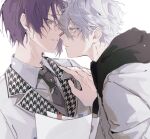  2boys blue_lock closed_mouth collared_shirt commentary_request grey_eyes grey_hair hand_on_another&#039;s_chest highres hood hood_down houndstooth jacket long_sleeves looking_at_another male_focus mikage_reo multiple_boys nagi_seishirou necktie paper parted_lips purple_eyes purple_hair shirt short_hair simple_background upper_body white_background white_jacket white_shirt yaoi yng_z 
