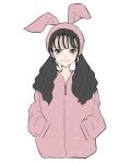  1girl animal_ears awatsu_mai bangs black_hair chinese_zodiac closed_mouth commentary cropped_torso fake_animal_ears fur_hairband fur_jacket grey_eyes hairband hands_in_pockets highres jacket long_hair looking_at_viewer low_twintails mole mole_under_eye pink_hairband pocket rabbit_ears real_life sally_(allogkk) simple_background smile solo standing twintails upper_body voice_actor white_background year_of_the_rabbit zipper 