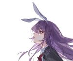 1girl alternate_eye_color animal_ears bangs black_jacket blush closed_mouth collared_jacket collared_shirt crescent facial_tattoo grey_shirt hair_between_eyes jacket lips long_hair long_sleeves looking_to_the_side mole mole_under_eye necktie open_clothes open_jacket purple_eyes purple_hair rabbit_ears red_necktie reeh_(yukuri130) reisen_udongein_inaba shirt simple_background solo star_(symbol) tattoo teeth touhou upper_body white_background 