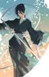  1girl bangs black_hair black_kimono bleach blue_eyes blurry depth_of_field elbow_gloves expressionless fingerless_gloves flat_chest gloves hair_between_eyes hand_on_hilt highres holding holding_sword holding_weapon ice japanese_clothes katana kimono kuchiki_rukia ky_(user_ntkn2477) long_ribbon long_sleeves looking_at_viewer parted_lips ribbon sash short_hair sode_no_shirayuki_(shikai) solo standing sword weapon white_ribbon white_sash wide_sleeves 