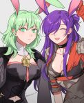  2girls absurdres animal_ears armor asymmetrical_clothes bangs black_coat blush breasts bustier byleth_(fire_emblem) byleth_(fire_emblem)_(female) cape chinese_zodiac choker cleavage closed_eyes closed_mouth coat facing_viewer fire_emblem fire_emblem:_three_houses fire_emblem_warriors:_three_hopes gloves green_eyes green_hair hair_between_eyes hair_bun hair_over_one_eye highres large_breasts long_hair looking_at_viewer medium_breasts medium_hair multiple_girls navel open_mouth peach11_01 purple_hair rabbit_ears shez_(fire_emblem) shez_(fire_emblem)_(female) simple_background single_hair_bun smile twitter_username year_of_the_rabbit 