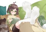  1girl absurdres ahoge backpack bag chashuwu feet foot_focus glasses green_eyes hair_ornament highres kneehighs musical_note no_shoes original pillow resting shoes shoes_removed socks soles solo steaming_body toes white_socks 