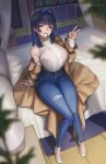  1girl :d absurdres blue_eyes blue_hair boros_(ouro_kronii) breasts coat curvy denim hair_intakes highres hololive hololive_english jeans large_breasts legs long_hair looking_at_viewer mouth_hold multicolored_hair off_shoulder official_alternate_costume ouro_kronii pants sayanestia sitting smile solo thick_thighs thighs torn_clothes torn_jeans torn_pants two-tone_hair v very_long_hair virtual_youtuber 