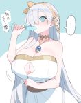  1girl akitokage anastasia_(fate) bangs bare_shoulders blue_eyes blush breasts cleavage dress eating fate/grand_order fate_(series) food hair_over_one_eye hairband huge_breasts jewelry long_hair looking_at_viewer neck_ring necklace pendant popsicle solo speech_bubble sweat translation_request very_long_hair white_dress white_hair 