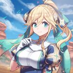  1girl alicia_fairhead anbe_yoshirou armed_fantasia blonde_hair blue_bow blue_eyes bow braid breasts closed_mouth cloud gloves hair_bow highres large_breasts long_hair looking_at_viewer outdoors ponytail sky smile solo upper_body white_gloves 