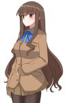  1girl akitokage bangs blue_bow blue_bowtie blush bow bowtie breasts brown_eyes brown_hair brown_jacket brown_pantyhose brown_skirt fate/extra fate_(series) highres jacket kishinami_hakuno_(female) long_hair long_sleeves looking_at_viewer medium_breasts pantyhose sidelocks skirt solo thighs tsukumihara_academy_uniform_(fate/extra) 