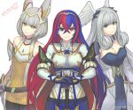  3girls alear_(fire_emblem) alear_(fire_emblem)_(female) armor bangs blue_eyes blue_hair braid breasts crossed_bangs crossover crown_braid dress fire_emblem fire_emblem_engage gloves gofelem head_wings heterochromia long_hair looking_at_viewer medium_breasts melia_antiqua multicolored_hair multiple_girls nia_(xenoblade) red_eyes red_hair short_dress smile split-color_hair tiara two-tone_hair very_long_hair xenoblade_chronicles_(series) xenoblade_chronicles_1 xenoblade_chronicles_2 xenoblade_chronicles_3 