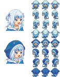  1girl alpha_transparency animal_hood blue_hair fish_tail gawr_gura highres hololive hololive_english hood multicolored_hair open_mouth pixel_art shark_girl shark_hood shark_tail sharp_teeth smile sprite_art sprite_sheet streaked_hair tail teeth tengu_nouzu two-tone_hair two_side_up virtual_youtuber white_hair 