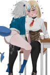  2girls absurdres after_kiss ahegao animal_costume bangs black_choker black_thighhighs blonde_hair blue_eyes blue_hair blue_hoodie blue_socks blunt_bangs blush bob_cut breasts brown_skirt carrot_011 chair choker closed_eyes collared_shirt crotch_rub desk detective female_masturbation fingering fish_tail gawr_gura grey_hair grin hair_ornament heart high-waist_skirt highres hololive hololive_english hood hoodie implied_fingering kiss large_breasts long_hair long_sleeves masturbation medium_hair miniskirt monocle_hair_ornament multicolored_hair multiple_girls naughty_face necktie no_pants no_shoes open_mouth panties piercing plaid plaid_skirt pleated_skirt pussy_juice pussy_juice_stain red_necktie rolling_eyes shark_costume shark_girl shark_tail shirt shoes short_necktie simple_background sitting sitting_on_thigh skirt sleeves_past_wrists smile socks streaked_hair tail thigh_gap thighhighs thighs tongue tongue_out underwear virtual_youtuber watson_amelia white_background white_shirt wide_sleeves yuri 
