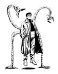  1boy absurdres doctor_octopus full_body greyscale hair_behind_ear hands_in_pockets highres ma2_ereki male_focus marvel mechanical_tentacles monochrome otto_octavius pants shadow short_hair simple_background sketch solo spider-man_(series) spider-man_2 sunglasses trench_coat white_background 
