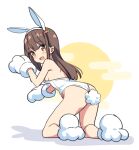  1girl :d all_fours animal_ears animal_hands bare_legs bare_shoulders blush breasts brown_eyes brown_hair carrot_hair_ornament chinese_zodiac commentary_request egasumi fake_animal_ears food-themed_hair_ornament from_behind full_body full_moon gloves hair_ornament hairband hatsunatsu leotard long_hair looking_at_viewer looking_back medium_breasts moon original partial_commentary paw_gloves paw_shoes playboy_bunny rabbit_ears rabbit_tail shadow simple_background smile solo strapless strapless_leotard tail white_background white_footwear white_gloves white_hairband white_leotard year_of_the_rabbit 