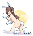  1girl all_fours animal_ears animal_hands ass bare_shoulders blush breasts brown_eyes brown_hair carrot_hair_ornament chinese_zodiac egasumi fake_animal_ears food-themed_hair_ornament from_behind full_body full_moon gloves hair_ornament hairband hatsunatsu long_hair looking_at_viewer looking_back medium_breasts moon nose_blush nude original paw_gloves paw_shoes pussy_juice rabbit_ears rabbit_tail shadow simple_background solo sweat tail v-shaped_eyebrows white_background white_footwear white_gloves white_hairband year_of_the_rabbit 