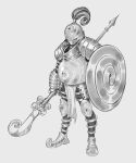  1other ambiguous_gender armor boots breastplate cheshirrr full_armor full_body gauntlets greyscale halberd helm helmet highres holding holding_shield holding_weapon knee_spikes monochrome original pauldrons plume pointy_footwear polearm shield shoulder_armor solo weapon 