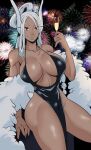  1girl absurdres alternate_costume alternate_hairstyle animal_ears ass backless_dress backless_outfit bangs bare_shoulders bighead333 black_dress boku_no_hero_academia breasts champagne_flute chinese_zodiac cleavage cocktail_dress collarbone commentary cup dark-skinned_female dark_skin dress drinking_glass evening_gown fireworks formal fur_shawl happy_new_year highres huge_ass huge_breasts long_eyelashes long_hair looking_at_viewer mature_female mirko muscular muscular_female night night_sky outdoors pelvic_curtain plunging_neckline rabbit_girl red_eyes revealing_clothes shawl sky smile solo superhero thighs toned white_hair year_of_the_rabbit 