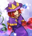  1girl cape cross dress gloves hat kaigen_1025 kirisame_marisa kirisame_marisa_(pc-98) looking_at_viewer magical_girl purple_dress purple_headwear red_cape red_eyes red_hair star_(symbol) story_of_eastern_wonderland touhou touhou_(pc-98) wand witch_hat 