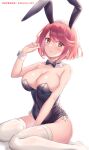  1girl animal_ears bangs black_bow black_bowtie black_leotard bow bowtie breasts cleavage detached_collar fake_animal_ears highres large_breasts leotard looking_at_viewer parted_bangs patreon_username playboy_bunny pyra_(xenoblade) rabbit_ears red_eyes red_hair sebu_illust short_hair simple_background solo thighhighs thighs white_background white_thighhighs xenoblade_chronicles_(series) xenoblade_chronicles_2 
