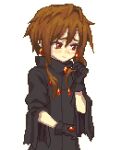  :/ alpha_transparency black_gloves blush_stickers brown_hair character_request earrings gloves hair_between_eyes holding holding_hair jewelry original pixel_art red_eyes robe short_hair_with_long_locks solo tengu_nouzu transparent_background upper_body 