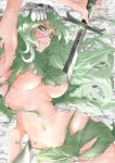  1girl arm_above_head armpits artist_name bleach breasts facial_tattoo green_eyes green_hair green_skirt hand_on_hilt holding holding_sword holding_weapon katana large_breasts lips long_hair looking_at_viewer mask mask_on_head midriff navel nelliel_tu_odelschwanck serious skindentation skirt solo standing sword tattoo thighs torn_clothes underboob user_dcyp8457 v-shaped_eyebrows wavy_hair weapon 
