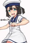 1girl black_hair blue_eyes bob_cut commentary_request cowboy_shot daitou_(kancolle) dress hat high_ponytail highres kantai_collection looking_at_viewer maakun_(makun_dx) one-hour_drawing_challenge sailor_collar sailor_dress sailor_hat short_hair short_sleeves sidelocks simple_background solo white_background white_dress 