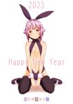  1girl 2023 animal_ears black_thighhighs brown_eyes chinese_zodiac fake_animal_ears happy_new_year idolmaster idolmaster_cinderella_girls koshimizu_sachiko navel pink_hair playboy_bunny rabbit_ears sakaki_imasato short_hair sitting smile solo thighhighs wariza white_background wrist_cuffs year_of_the_rabbit 