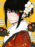  1girl bangs black_hair chainsaw_man coat cross_scar earrings flower fur-trimmed_coat fur_trim hair_flower hair_ornament hairclip japanese_clothes jewelry kimono looking_at_viewer red_eyes red_kimono ringed_eyes sailen0 scar scar_on_cheek scar_on_face short_hair sidelocks simple_background smile stud_earrings updo war_devil_(chainsaw_man) white_flower yellow_background yoru_(chainsaw_man) 
