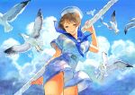  1girl arm_up belt bird blue_theme brown_eyes brown_hair cloud cloudy_sky flock hat looking_at_viewer making-of_available mole mole_above_eye molyuu neckerchief original outdoors parted_lips rope sailor sailor_collar sailor_hat sailor_shirt seagull shirt short_hair shorts sky smile wind 