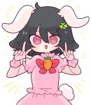 1girl animal_ears black_hair carrot_necklace dress floppy_ears frilled_sleeves frills highres inaba_tewi jewelry necklace op_na_yarou pink_dress puffy_short_sleeves puffy_sleeves rabbit_ears rabbit_tail red_eyes ribbon-trimmed_dress short_hair short_sleeves simple_background smile solo tail touhou v wavy_hair white_background wrist_cuffs 