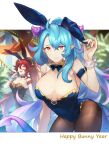  2023 2girls alt_text animal_ears bangs bare_shoulders black_leotard blue_hair blue_leotard bow bowtie breasts chinese_zodiac cleavage closed_mouth clothes_tug cowboy_shot dragalia_lost dragalinuka dragon_girl dragon_horns dragon_tail embarrassed fake_animal_ears fang gradient_hair hair_between_eyes highleg highleg_leotard highres horns large_breasts leaning_forward leotard long_hair looking_at_viewer mature_female mercury_(dragalia_lost) multicolored_hair multiple_girls mym_(dragalia_lost) open_mouth pantyhose pink_hair playboy_bunny plunging_neckline pointy_ears purple_eyes rabbit_ears red_hair smile strapless strapless_leotard tail thighs traditional_bowtie undersized_breast_cup wrist_cuffs year_of_the_rabbit yellow_eyes 