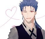  1boy blue_hair collared_shirt cu_chulainn_(fate) cu_chulainn_(fate/stay_night) earrings fate/grand_order fate_(series) heart highres jewelry long_hair lower_teeth_only male_focus one_eye_closed open_mouth red_eyes shirt shu_(oshigoto_boshuuchuu) simple_background solo teeth white_background 