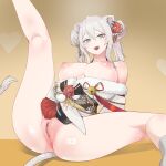  1girl ahoge animal_ears anus ass bangs blush breasts clothes_pull fangs flower fur_trim grey_eyes grey_hair hair_between_eyes hair_flower hair_ornament highres hololive japanese_clothes kimono large_breasts legs lion_ears lion_girl lion_tail long_hair looking_at_viewer mdthetest nipples obi open_mouth pussy ribbon sash shishiro_botan sidelocks socks solo spread_legs tail twintails two_side_up uncensored virtual_youtuber 
