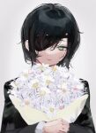  1girl absurdres black_hair black_jacket bouquet chainsaw_man closed_mouth eyepatch flower green_eyes highres himeno_(chainsaw_man) holding holding_bouquet holding_flower jacket long_sleeves looking_at_viewer mile_(off8mile) one_eye_covered short_hair simple_background smile solo upper_body white_background white_flower 