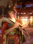  1girl absurdres animal_ears bangs blunt_bangs blush brown_hair bush cowboy_shot fur-trimmed_kimono fur_trim highres holding holding_umbrella japanese_clothes kimono long_hair looking_at_viewer morning new_year oil-paper_umbrella open_mouth original outdoors outstretched_arm print_kimono purple_sky red_eyes red_kimono shiny shiny_hair sidelocks smile smile_(qd4nsvik) solo standing sunlight teeth umbrella wide_sleeves 