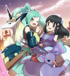  2girls :d ;d alternate_color aqua_hair beak black_hair blush_stickers commentary_request dawn_(new_year&#039;s_2023)_(pokemon) dawn_(pokemon) detached_sleeves galarian_rapidash happy highres holding_hands horns interlocked_fingers japanese_clothes kimono lisia_(new_year&#039;s_2023)_(pokemon) lisia_(pokemon) long_hair looking_at_viewer multiple_girls obi official_alternate_costume one_eye_closed open_mouth oricorio oricorio_(sensu) pokemon pokemon_(creature) pokemon_(game) pokemon_masters_ex ponytail saon101 sash shiny_pokemon single_horn smile sparkle 