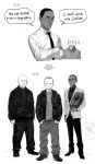  4boys absurdres animification bald breaking_bad collared_shirt crossed_arms dark-skinned_male dark_skin english_text facial_hair gift glasses goatee greyscale gustavo_fring hair_behind_ear highres holding holding_gift jacket jesse_pinkman ma2_ereki male_focus mike_ehrmantraut monochrome multiple_boys necktie parted_lips round_eyewear shirt short_hair speech_bubble straight-on sweat sweating_profusely very_short_hair walter_white 