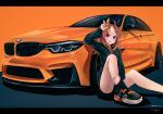  1girl :d absurdres black_jacket black_shorts bmw bmw_f80_m3 bmw_m3 brown_hair car copano_rickey_(umamusume) ear_covers ground_vehicle hand_up highres horse_girl jacket long_hair looking_at_viewer motor_vehicle multicolored_hair nougat_(73r1r1) on_floor open_mouth purple_eyes shoes shorts sitting smile sneakers solo sports_car track_jacket umamusume vehicle_focus white_hair 