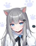  1girl :3 absurdres animal_ears blue_eyes cat_ears cat_girl dress grey_hair highres indie_virtual_youtuber long_hair long_sleeves looking_at_viewer nachoneko paw_pose simple_background sleeves_past_fingers sleeves_past_wrists smile torinanvan virtual_youtuber white_dress 