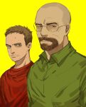  2boys absurdres animification bald blue_eyes breaking_bad brown_hair collared_shirt facial_hair glasses goatee green_shirt hair_behind_ear highres jesse_pinkman looking_to_the_side ma2_ereki male_focus multiple_boys parted_lips portrait red_shirt shirt stubble walter_white yellow_background 