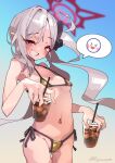  1girl absurdres artist_name bikini blue_archive breasts eyelashes gradient gradient_background grey_hair grin hair_between_eyes halo highres iced_coffee iced_tea koyansuee long_hair micro_bikini mutsuki_(blue_archive) navel pointy_ears sharp_teeth side-tie_bikini_bottom side_ponytail small_breasts smile swimsuit teeth twitter_username 