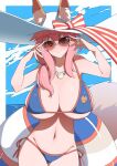  1girl adjusting_eyewear akitokage animal_ear_fluff animal_ears bangs bare_shoulders bikini blue_bikini blue_sky blush breasts cleavage collarbone fate/grand_order fate_(series) fox_ears fox_girl fox_tail hat highres innertube jewelry large_breasts long_hair looking_at_viewer navel necklace pink_hair red-tinted_eyewear sidelocks sky smile solo sun_hat sunglasses swimsuit tail tamamo_(fate) tamamo_no_mae_(swimsuit_lancer)_(fate) thighs tinted_eyewear white_headwear yellow_eyes 